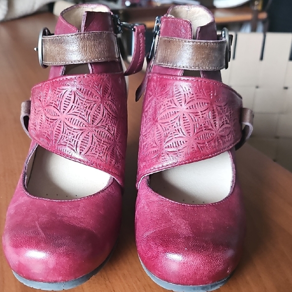 Miz Mooz Burgundy Cutwork Leather Ankle-Strap Heels - Picture 2 of 10